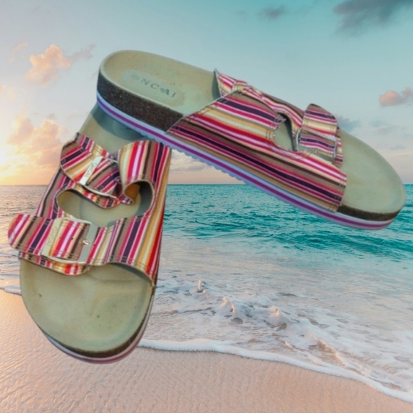 ONCAI stripe comfort cork footbed 2 strap Vacation slip on sandals sz 9 - Picture 1 of 10